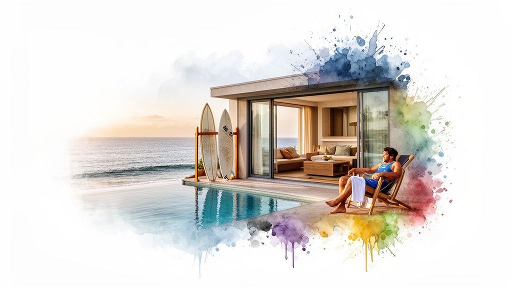 Man relaxing in a luxury villa with an infinity pool, surfboards, and ocean sunset view.