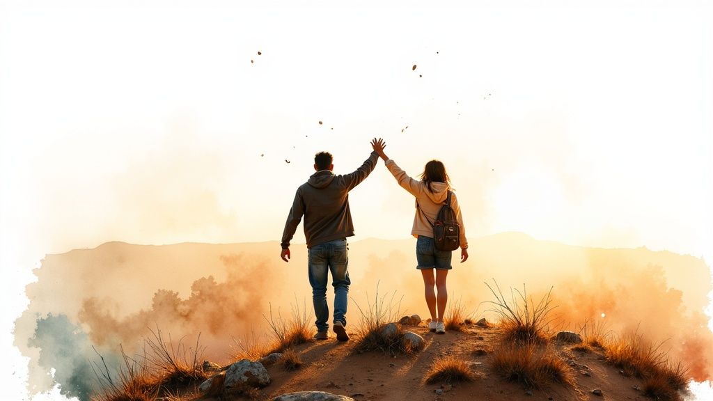 Rear view of a couple holding hands on a scenic hilltop, celebrating a romantic moment at sunset.