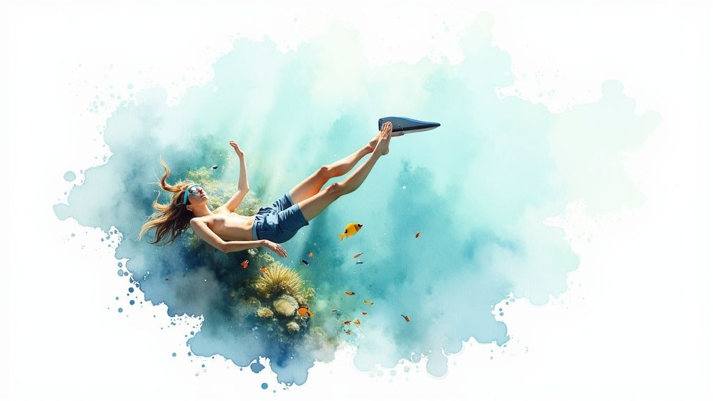 A person swims gracefully underwater amidst a vibrant coral reef, colorful fish, and a blue fin.