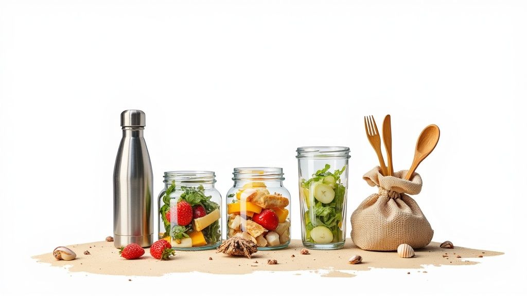 Eco-friendly picnic with a reusable water bottle, jar salads, and wooden utensils on sand.