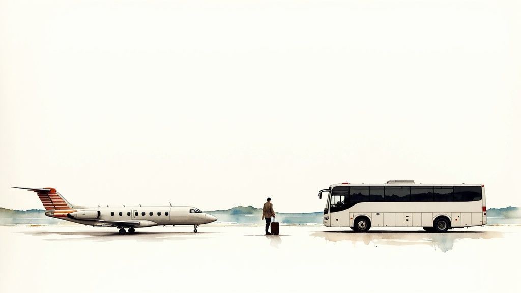 A man with luggage stands between a private jet and a white bus at an airport.