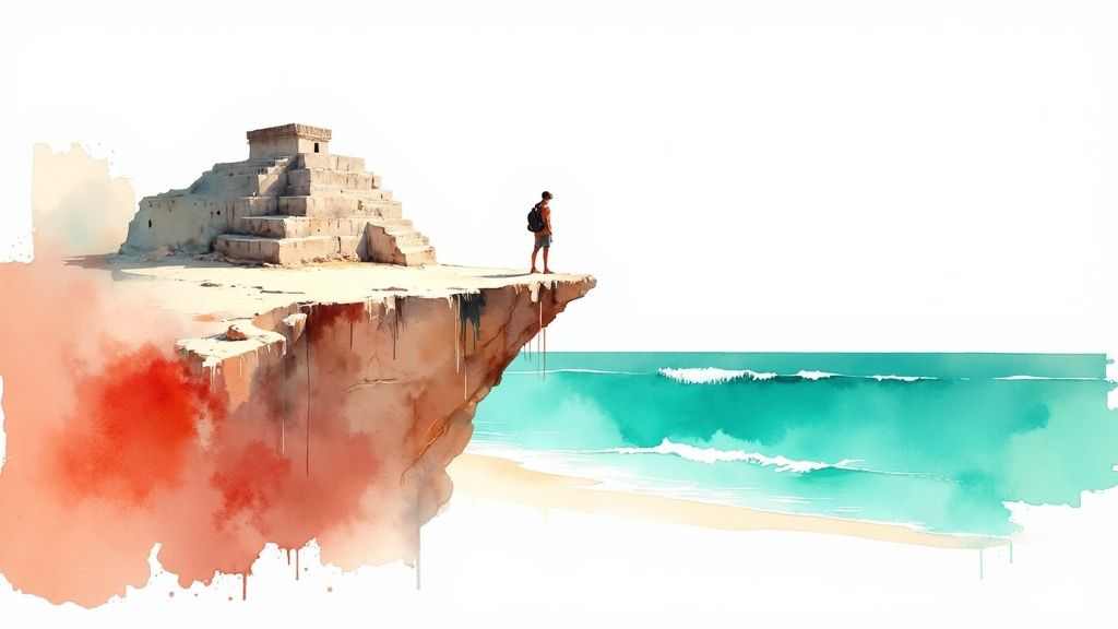 A lone traveler stands on a sandy cliff overlooking a turquoise ocean with ancient ruins in a watercolor style.