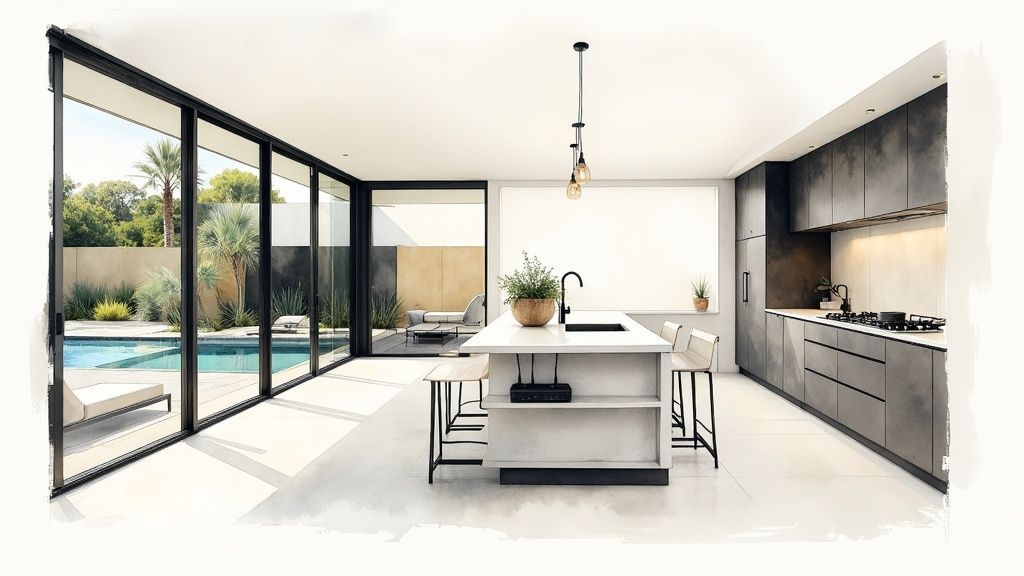 A pristine swimming pool at a luxury villa, surrounded by tropical landscaping.