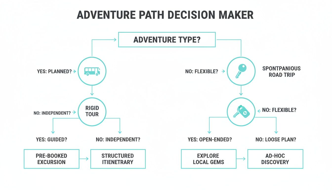 A flowchart diagram titled 'Adventure Path Decision Maker' outlining different travel options from planned tours to spontaneous road trips.