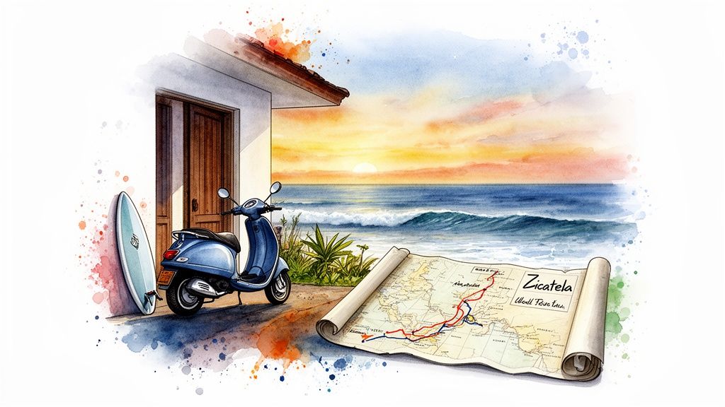 Watercolor painting of a scooter, surfboard, and map on a beach with a beautiful sunset.
