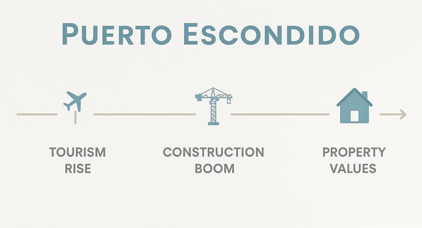 Diagram illustrating Puerto Escondido's development: tourism growth leads to construction boom and rising property values.