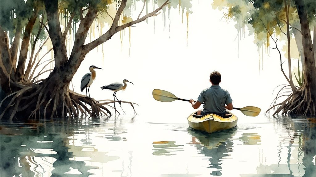 A person kayaks through calm water past watercolor mangrove trees and two egrets in a serene scene.