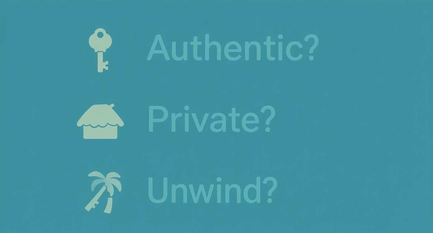 Icons of key, hut, and palm trees with text 'Authentic?', 'Private?', 'Unwind?' on teal background.