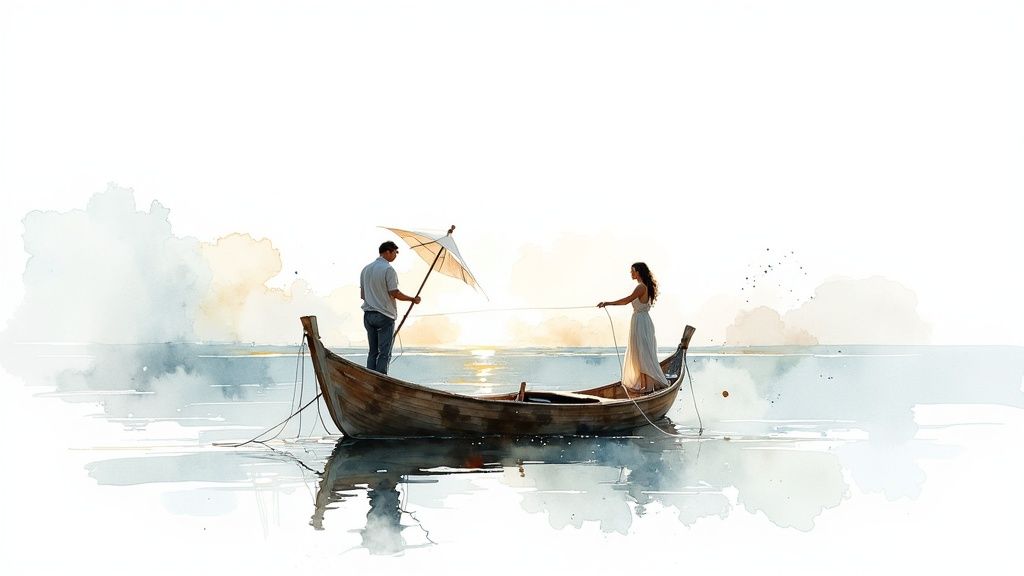 Watercolor painting of a man and woman in a wooden boat on serene water at sunset.