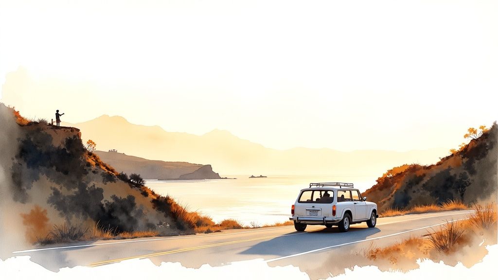 A white car drives on a scenic coastal road at sunset, with a person on a cliff overlooking the ocean.