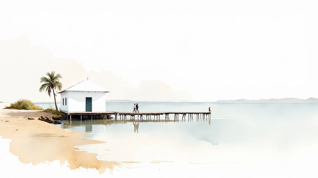 Serene watercolor painting of a white house, palm tree, and pier on a tranquil beach.