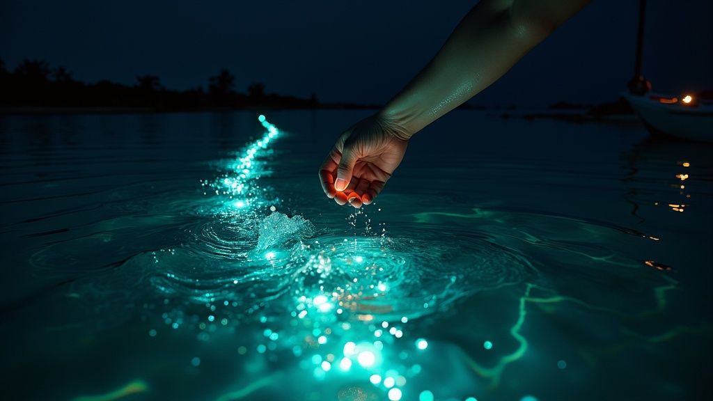 Enchanted night scene with a hand gently touching glowing, bioluminescent ocean water.