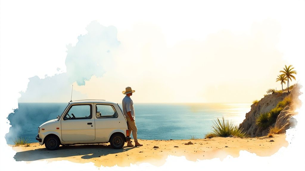 A man in a hat stands by a white car, overlooking a scenic ocean coast with palm trees.