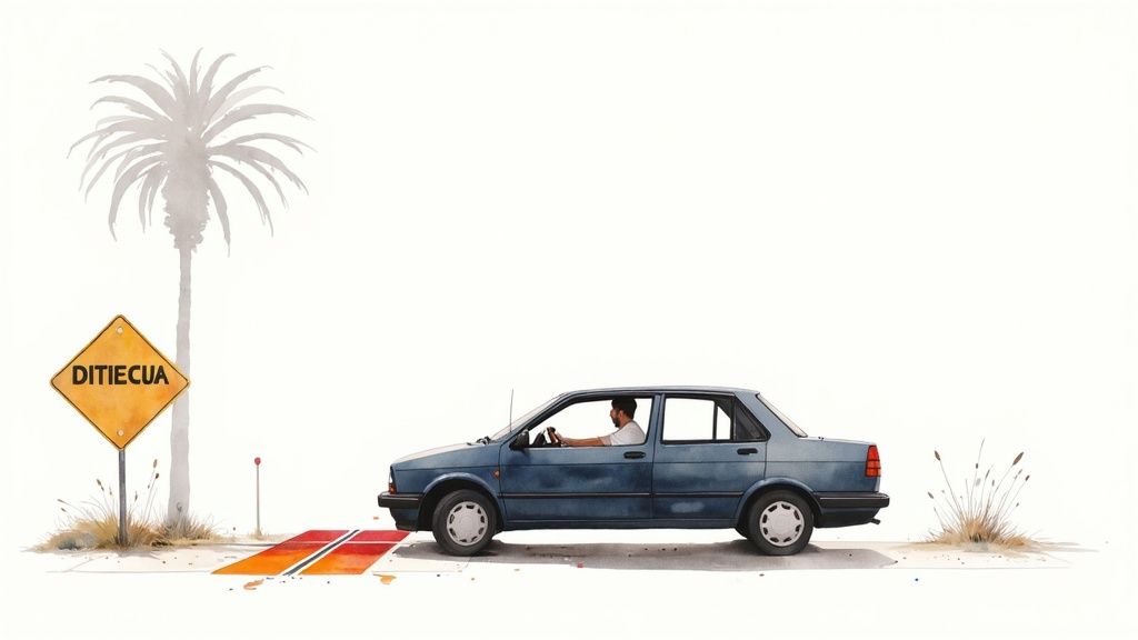 A watercolor painting shows a blue car with a driver, a palm tree, and a 'DITIECUA' road sign.