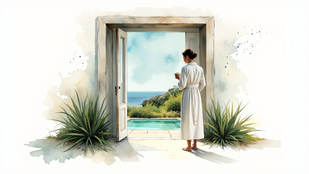 A lush garden surrounding a crystal-clear swimming pool at a private villa in Puerto Escondido.