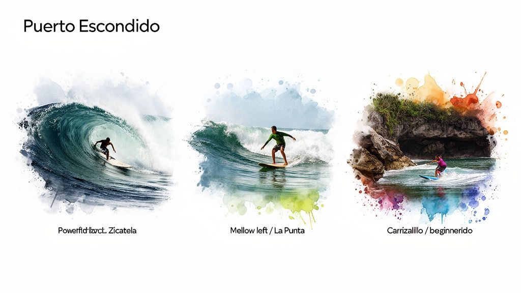 Three watercolor-style images show surfers riding waves at Zicatela, La Punta, and Carrizalillo in Puerto Escondido.