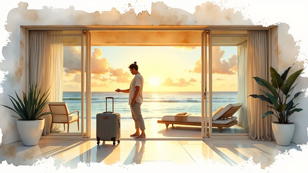 A welcoming view of Casa Escondida&#39;s terrace with comfortable seating overlooking the ocean at sunset.