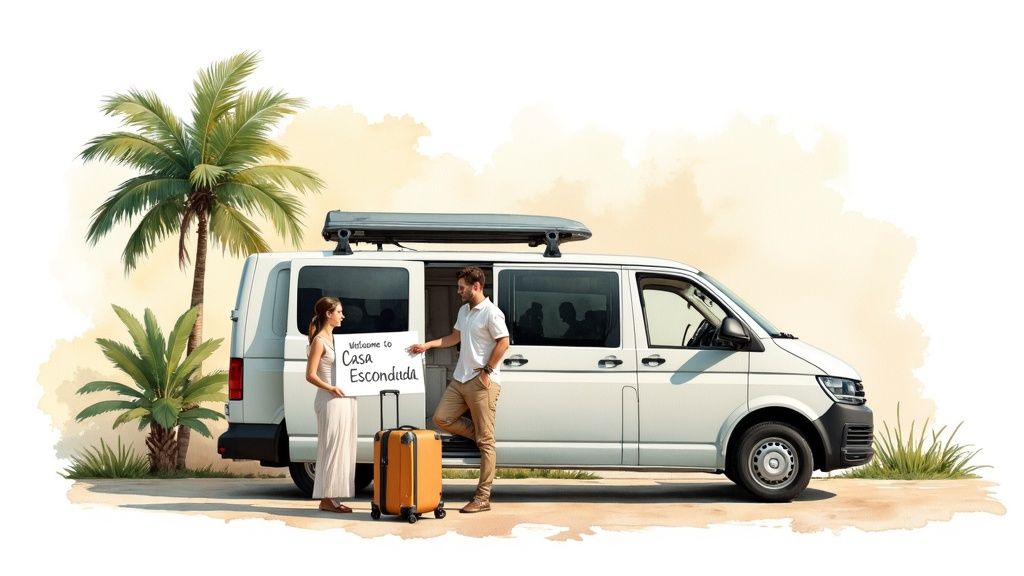 A couple with a suitcase next to a white van, holding a 'Welcome to Casa Escondida' sign.