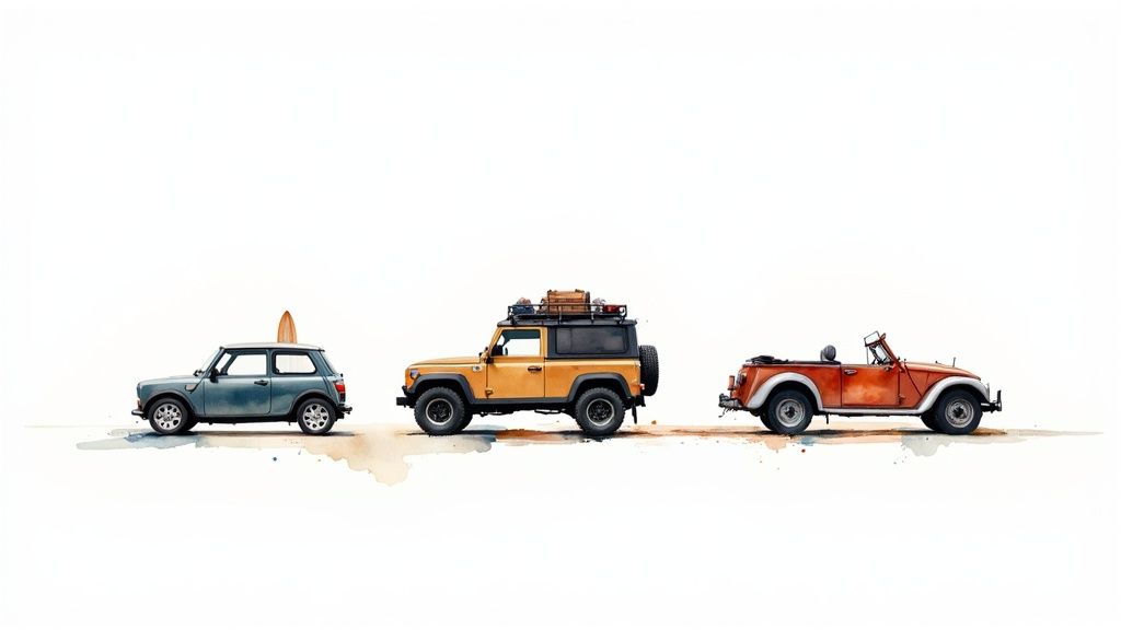 Watercolor illustration of three classic cars in a row, featuring a teal Mini, an orange Land Rover, and a red convertible.