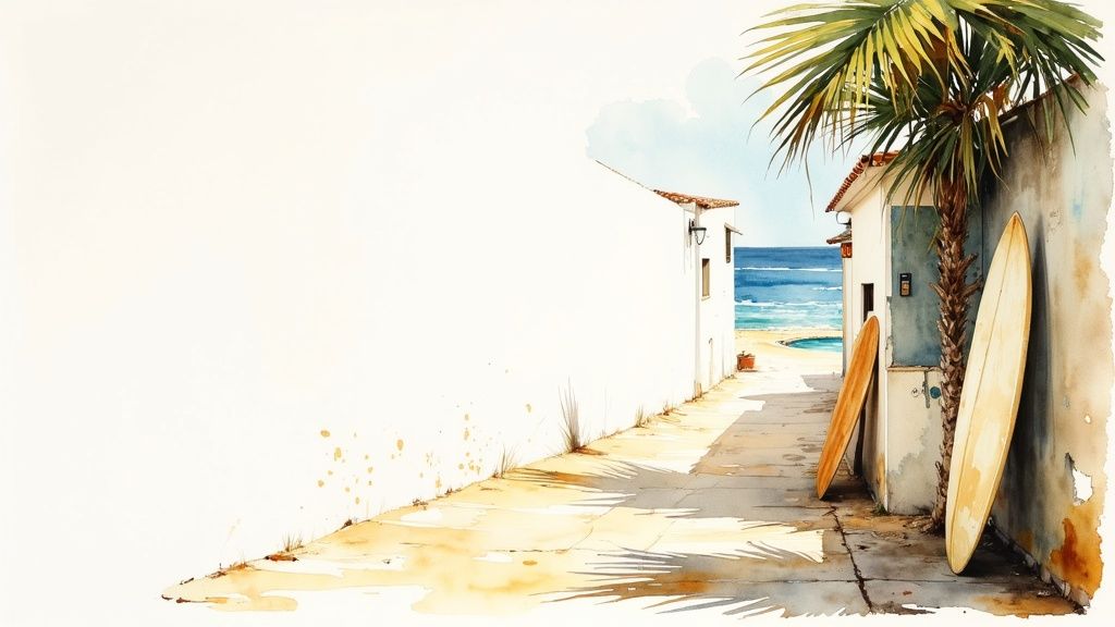 Lush greenery and a sparkling pool at an oceanside villa in Puerto Escondido.