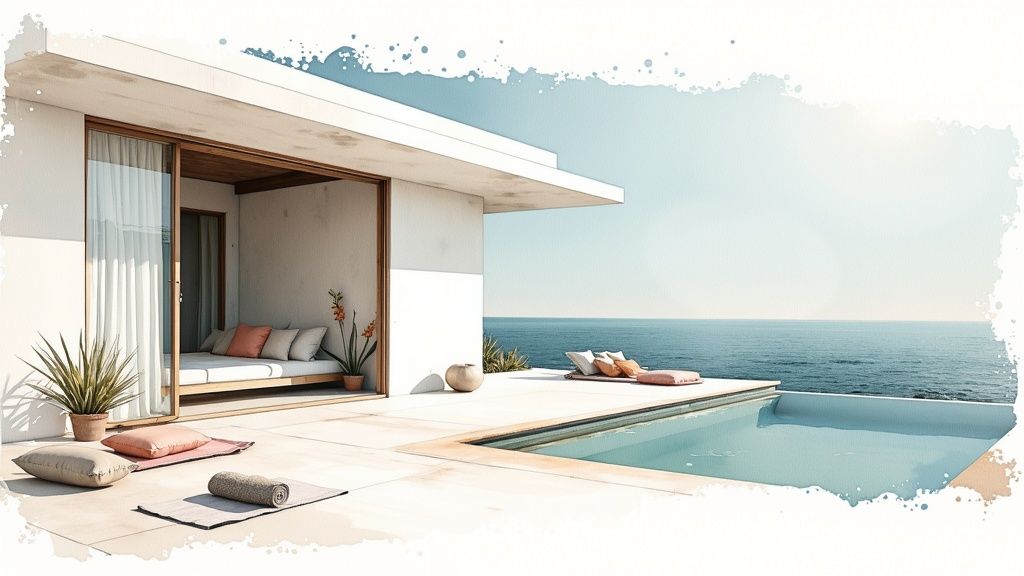 A minimalist oceanfront house with a patio, swimming pool, and yoga mats under a clear sky.