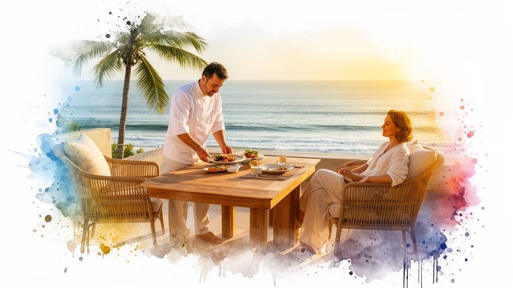 A chef serves a woman dining al fresco on a luxury oceanfront patio with a vibrant sunset.