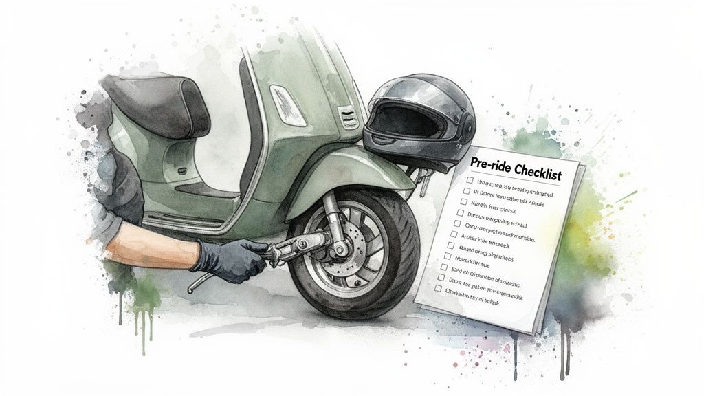 A watercolor illustration of a person checking a scooter's front wheel, with a helmet and a pre-ride checklist.