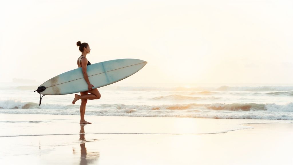 Side profile of a female surfer carrying a surfboard on a tranquil beach at dusk.