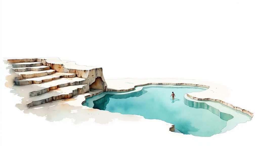 Watercolor illustration of Hierve el Agua natural mineral pools with terraced rock formations in Oaxaca