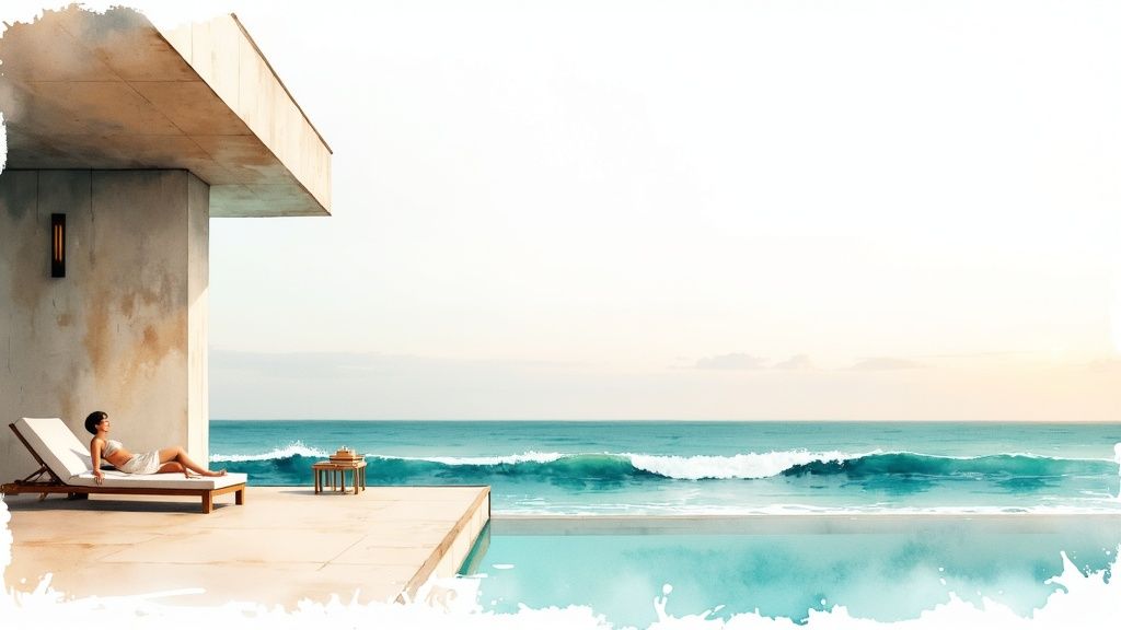 A person relaxing on a lounge chair by an infinity pool overlooking the ocean with waves.