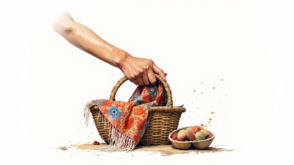 Hand holding woven basket with colorful textile and decorative eggs representing Oaxaca traditional crafts