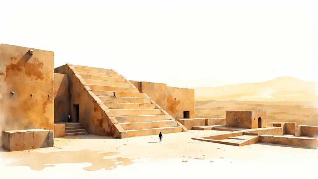 Desert architecture with geometric adobe stairs and weathered buildings in sandy landscape