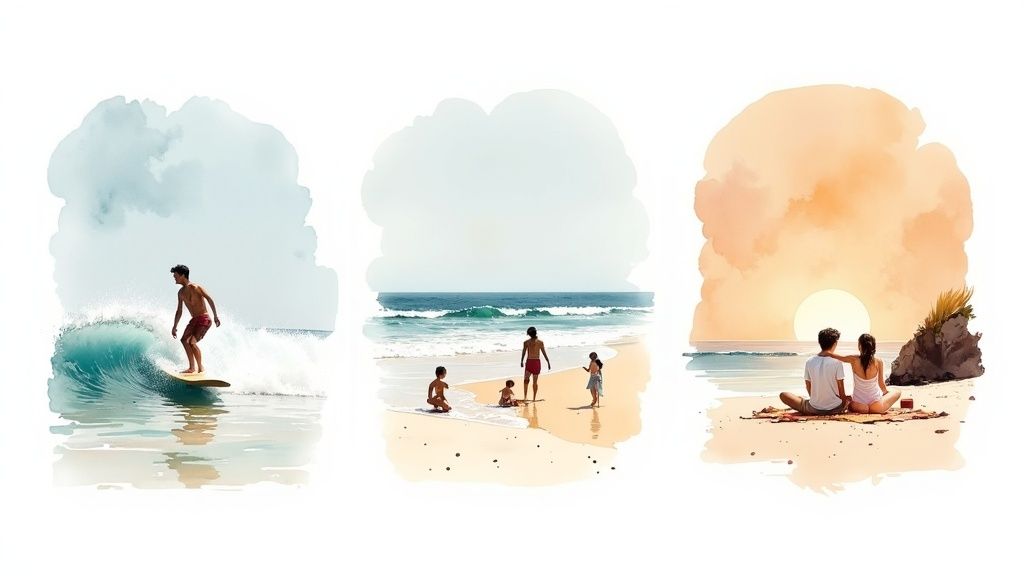 Three watercolor illustrations depict beach scenes: a surfer, a family playing, and a couple watching the sunset.
