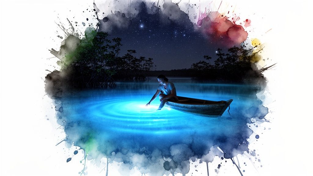 A person in a boat touches glowing blue bioluminescent water at night under a starry sky.