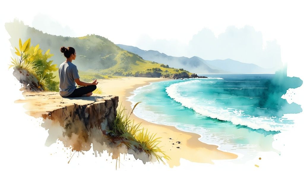 A peaceful watercolor illustration of a person meditating on a cliff overlooking the ocean.
