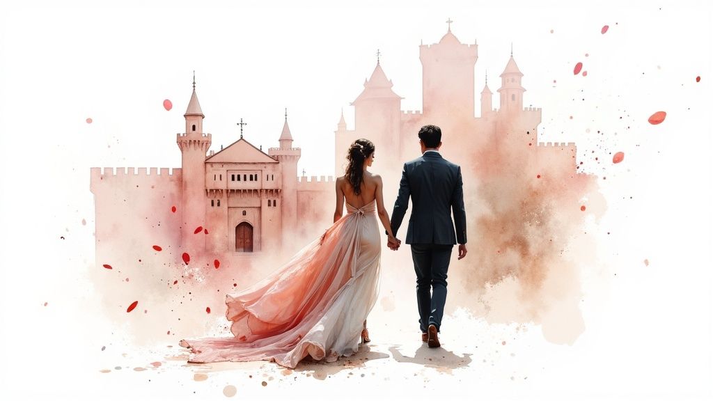 A romantic watercolor painting of a wedding couple walking hand-in-hand towards fairytale castles.