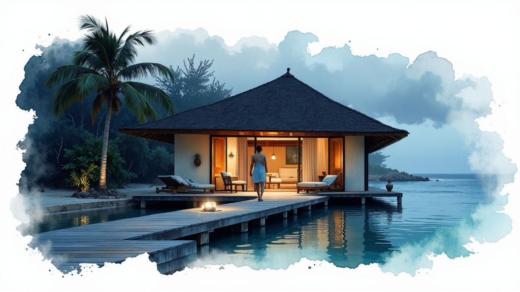 Luxury overwater bungalow villa with wooden deck at tropical island resort during twilight