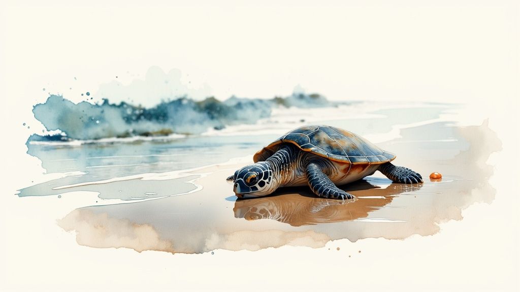 A vibrant watercolor painting of a sea turtle crawling on a sandy beach towards ocean waves.