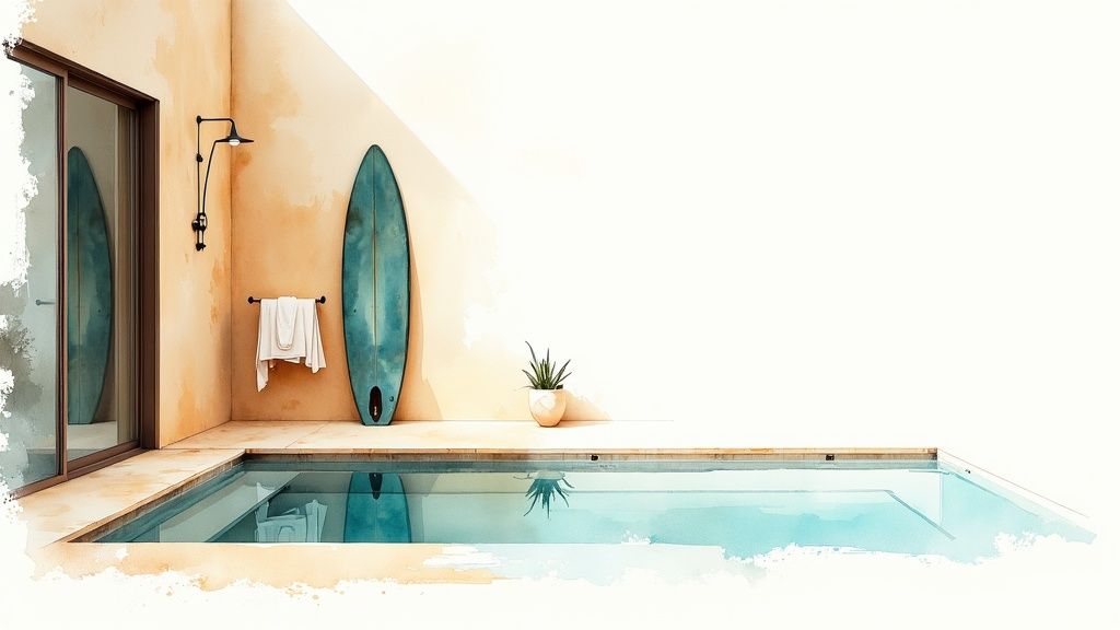 Turquoise surfboard leaning against peach wall beside tranquil swimming pool in minimalist courtyard