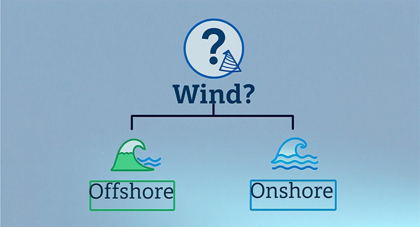 Diagram explaining offshore and onshore wind types with wave icons and question mark