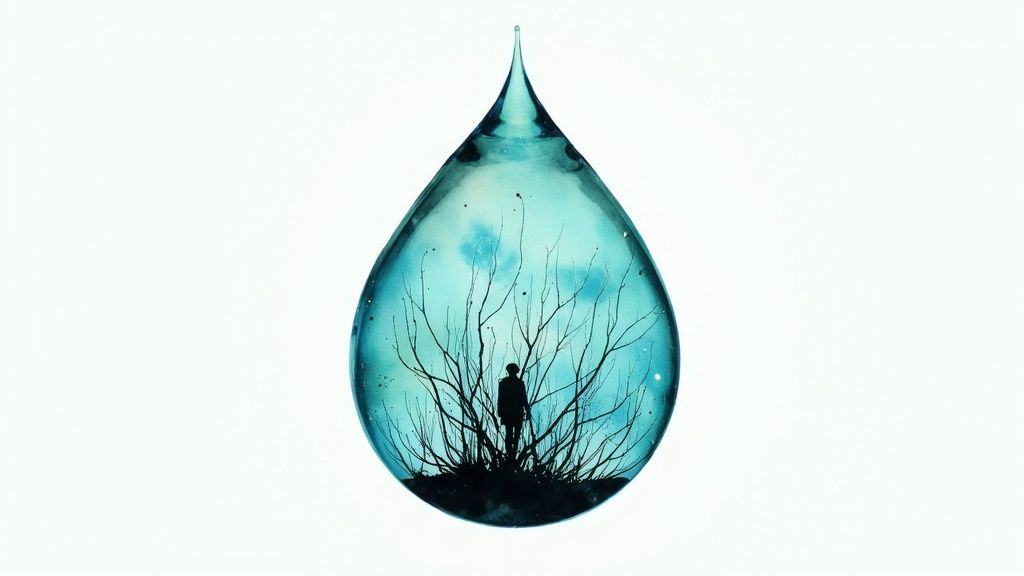 A surreal image featuring a human figure surrounded by tree branches within a large, glowing blue teardrop.