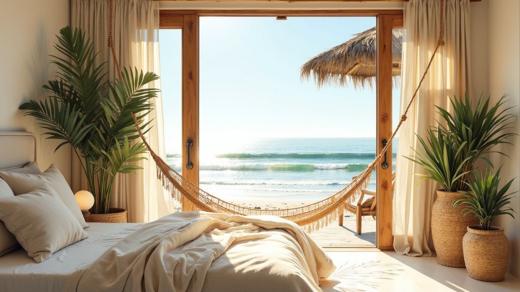 A serene tropical bedroom with a bed, plants, and a hammock, overlooking a sunny beach and ocean.