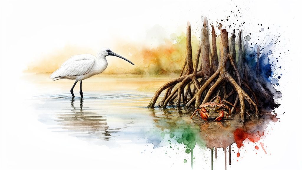 A vibrant watercolor painting of a white spoonbill bird wading near intricate mangrove roots with a crab.