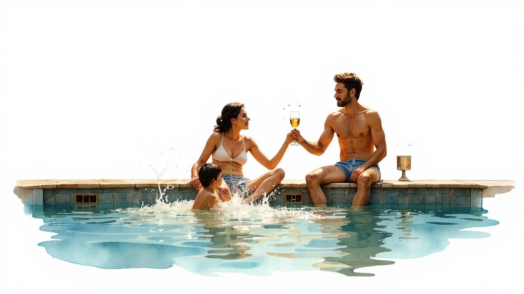 Group of friends laughing and relaxing in a luxurious jacuzzi at sunset in Puerto Escondido.