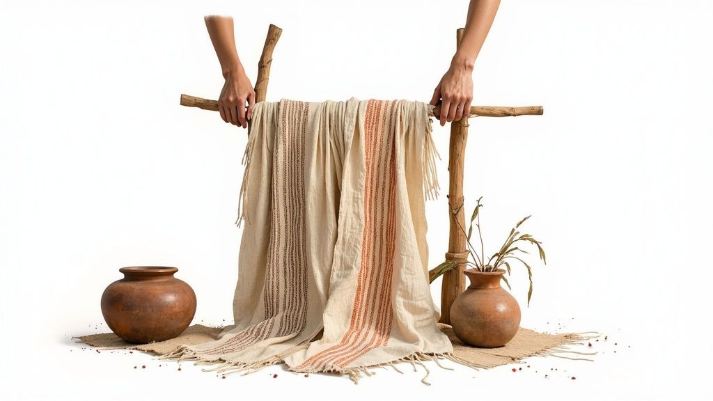 Hands displaying handwoven textiles with natural stripes draped over wooden branch with clay pottery