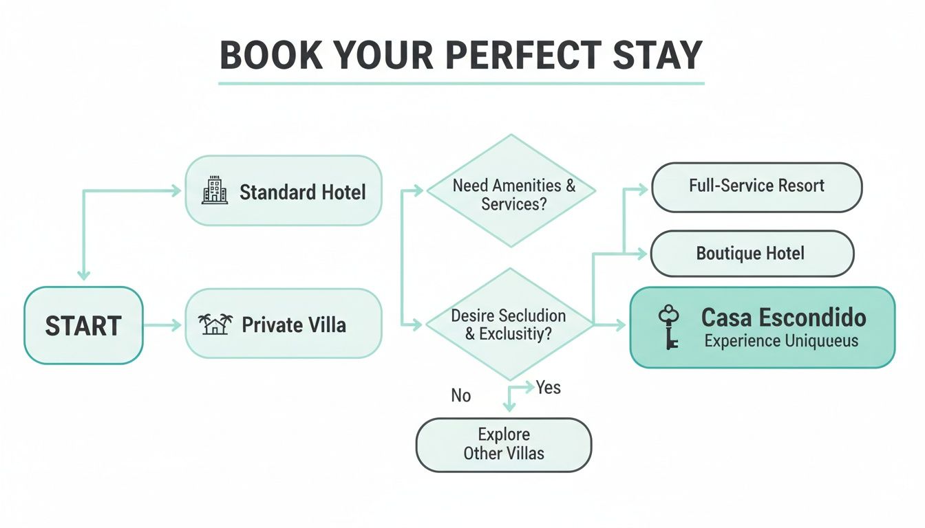 A decision-making flowchart for booking a perfect stay, considering amenities, services, seclusion, and exclusivity.