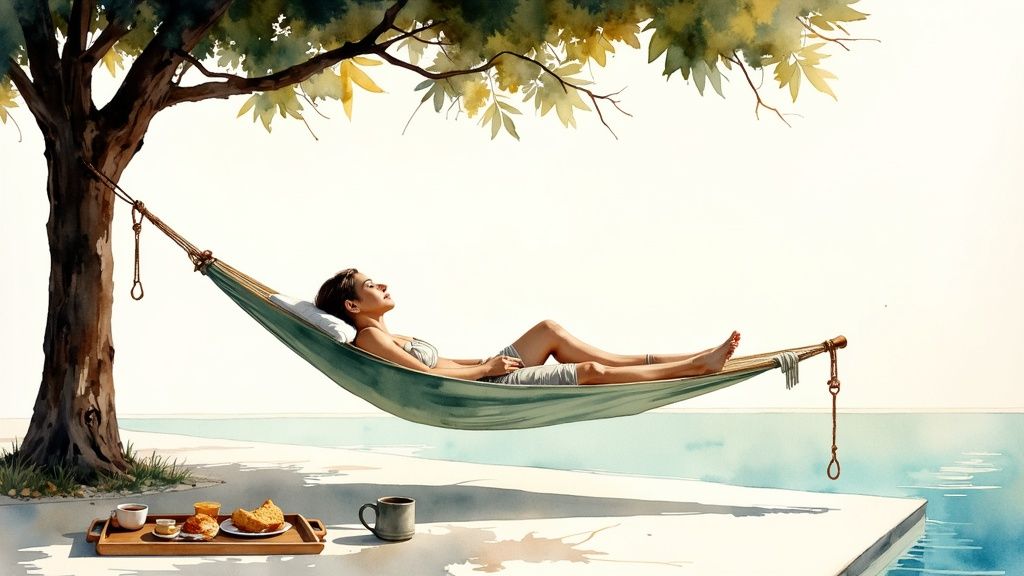 A woman relaxing by the poolside at Casa Escondida with the ocean in the background.