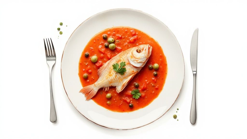 A colourful plate of Huachinango a la Veracruzana, a signature dish of Veracruz cuisine.