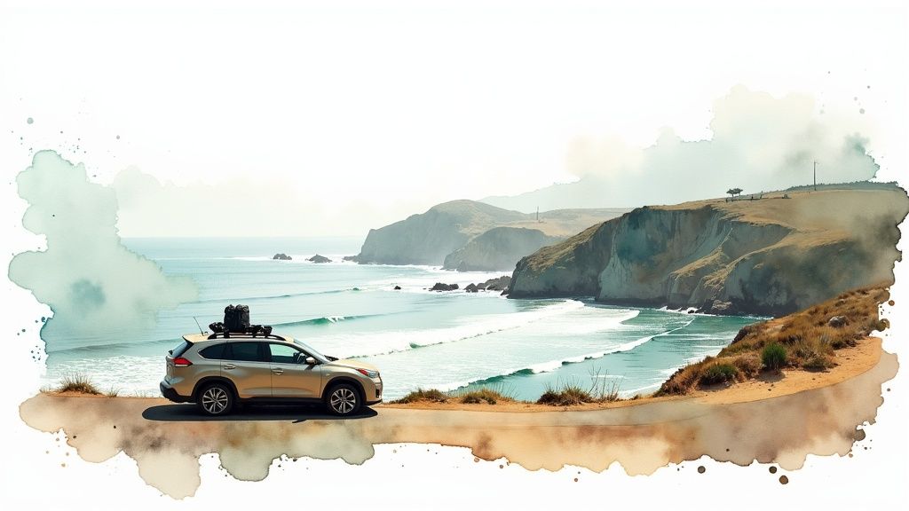 A gold SUV with a roof rack parked on a road overlooking a scenic ocean coastline with cliffs and waves.