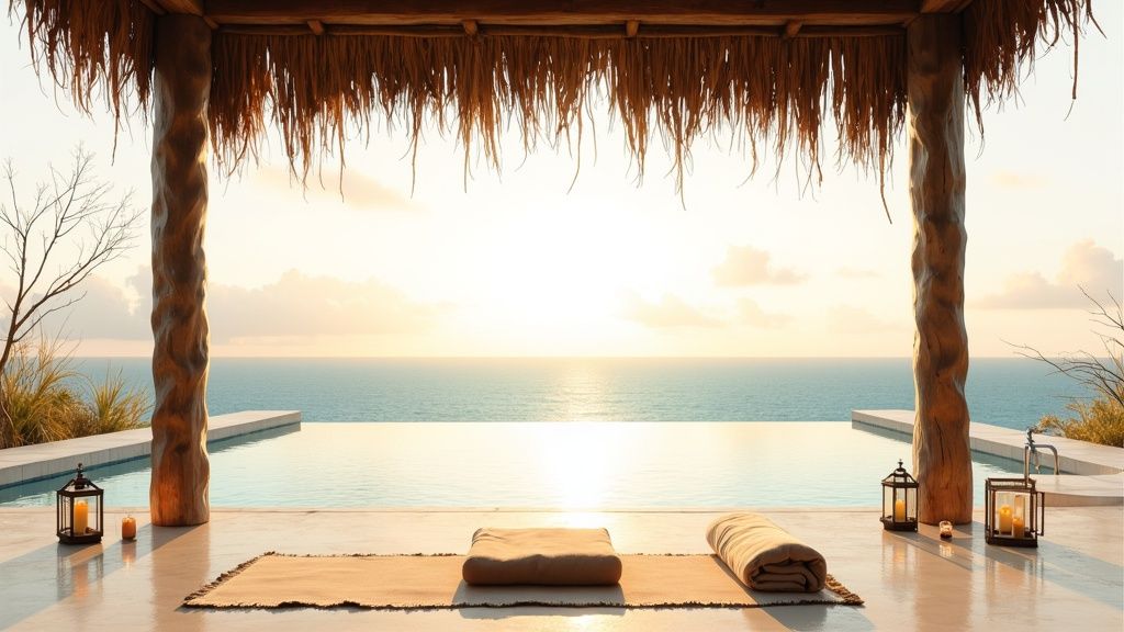 A serene outdoor yoga platform with an infinity pool overlooking the ocean at sunset, with lanterns.